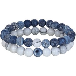 Dubbele Kralen Armband - Natuursteen - Armbanden Heren Dames - Marmer Wit / Aqua Blauw - Cadeau voor Man