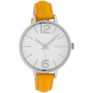 OOZOO Timepieces - Zilverkleurige horloge met gele leren band - C10455