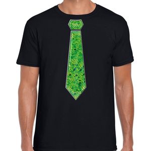 Bellatio Decorations Verkleed shirt heren - stropdas paillet groen - zwart - carnaval - foute party S