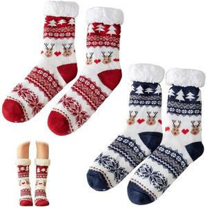 2 paar warme antislipsokken voor dames - Maat 39×11 cm - Maten 35-42 - Kerstboom- en rendierpatroon - Warme sokken - Antislipsokken - Wintersokken voor thuis - Vloersokken - Kerst- en nieuwjaarscadeau - Rood en blauw