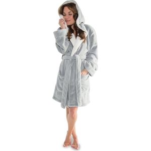 Tweedehands dames badjas met capuchon korte snit microvezel knuffelfleece