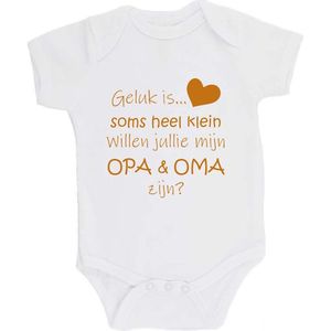 100% katoenen Romper Zwangerschap Aankondiging 2.0 ""Geluk is soms heel klein willen jullie mijn OPA & OMA zijn?"" Unisex Katoen Wit/tan Maat 62/68