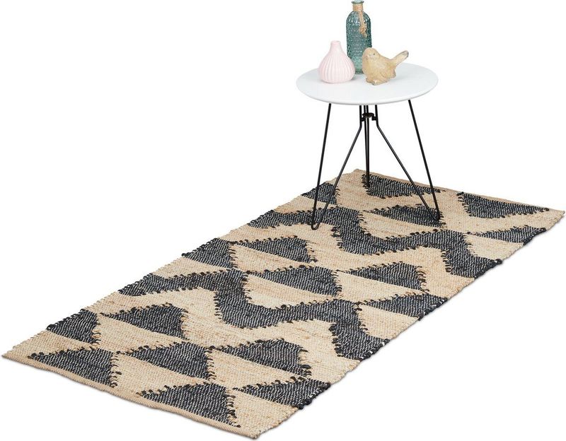Vloerkleed - Zigzag - Beige/Zwart - Jute/Katoen - Handgeweven, Antislip