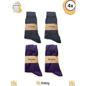 Loxxey® - Sokken - Katoen - 4 Paar - Heren & Dames - Naadloos - Maat 39-42 – D. Grijs (2 Paar) + Paars (2 Paar) + Wasnet 33x22cm
