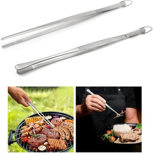 2 stuks - Extra lange pincettang, roestvrijstalen kookpincet met haak voor koken, bakken, grillen, coaten 30 cm (zilver)