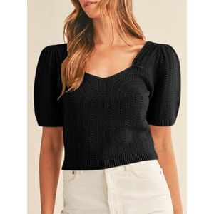 Women's Pullover Short Sleeve V-Neck Knitted Jumper Summer Puff Sleeve Top Crochet Blouses Tops Elegant Lightweight Pullover Sweatshirt
