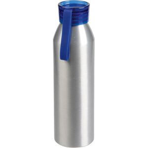 Aluminium waterfles/drinkfles zilver met blauwe kunststof schroefdop 650 ml - Sportfles - Bidon