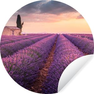 Behangcirkel - Lavendel - Schuur - Bloemen - Zonsondergang - Ronde wanddecoratie - Behang cirkel - Zelfklevend behang - ⌀ 30 cm - Behangsticker - Behang rond - Behangcirkel bloemen - Behang zelfklevend