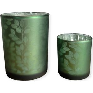 Spant7 - Set Waxinehouders - Glas - Groen - Bladmotief - 8 en 12,5 cm hoog