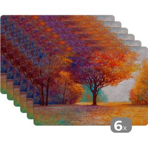 Placemat - Placemats kunststof - Olieverf - Schilderij - Boom - Kleuren - 45x30 cm - 6 stuks - Hittebestendig - Anti-Slip - Onderlegger - Afneembaar