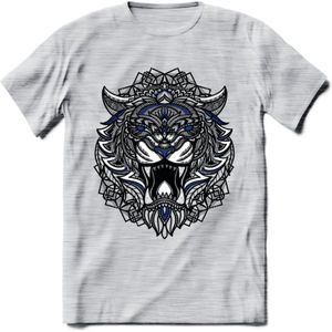 Tijger - Dieren Mandala T-Shirt | Donkerblauw | Grappig Verjaardag Zentangle Dierenkop Cadeau Shirt | Dames - Heren - Unisex | Wildlife Tshirt Kleding Kado | - Licht Grijs - Gemaleerd - 3XL