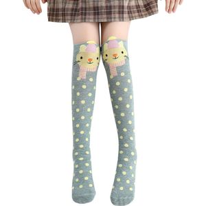 Kniekousen - 1 paar kniekousen meisjes Poes blauw-geel - lange sokken - 6-12 jaar - 100% elastisch katoen - cadeau meisjes - dierenprint