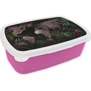 Broodtrommel Roze - Lunchbox - Brooddoos - Wereldkaart - Luxe - Planten - 18x12x6 cm - Kinderen - Meisje