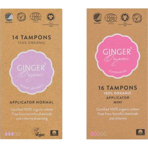 Ginger Organic Tampons - Normaal + Mini - Met applicator - 100% biologisch katoen - Comfortabel - Dermatologisch getest