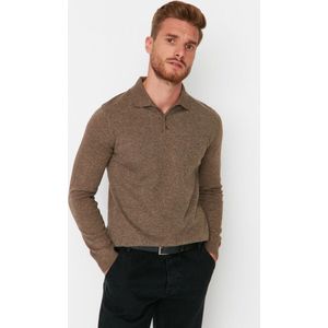 Trendyol Mannen Standaard mouw Basis Mink slim-fit herensweater met polohals en knopen, slim gebreide trui