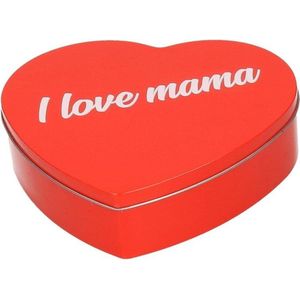 Rood I Love Mama hart blik cadeau snoepblik/snoeptrommel 18 cm - Moederdag kado - Cadeauverpakking rode hartjes opbergblikken/voorraadblikken