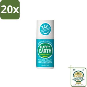 20 x Happy Earth – Deodorant Roll-On – 100% Natuurlijk Cedar Lime – 75 ml - Grootverpakking - Natuurlijke Deodorant - Cedar Lime - Roll-on Deodorant - Geur Ceder En Limoen - Botanische Extracten