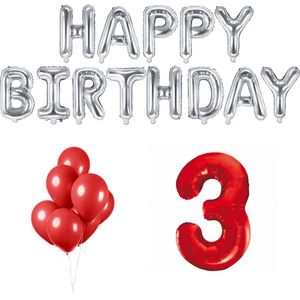3 jaar Verjaardag Versiering Ballon Pakket Rood & Zilver