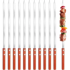 8 stuks grillspiesen, roestvrij staal, 60 cm, platte spiesen, houten handvat, herbruikbare platte spiesen voor vlees, groenten, garnalen, barbecue, grillen buiten, tuin, camping, picknick