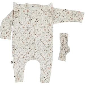 Handgemaakt boxpakje Bloemen met ruffle mouwtjes en haarstrikje (maat 62-68)