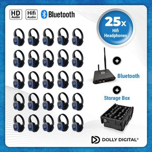 Silent Disco Pro Box 25 +Bluetooth | 25 HiFi Headsets FD, Bluetooth zender T80-Pro, Storage Box | DOLLY DIGITAL©