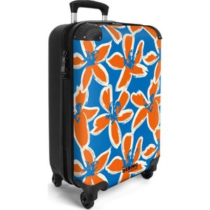 NoBoringSuitcases.com® - Handbagage koffer lichtgewicht - Reiskoffer trolley - Blauw met oranje bloemen - Vakantie reistrolley - Reiskoffer trolley - Rolkoffer op wieltjes - Valies carryon koffertje - Past binnen 55x40x20 en 55x35x25
