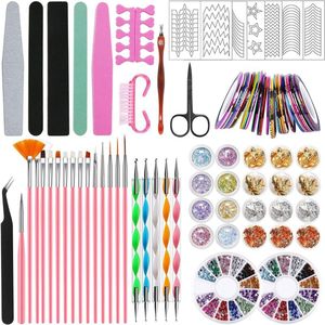 Nail Art Decoration Kit Includes 15 Pieces Nail Art Brushes, 12 Jars Foil Stickers, 30 Manicure Tapes, and 2 Sets Nail Art Rhinestones - DIY Manicure Decoration Kit