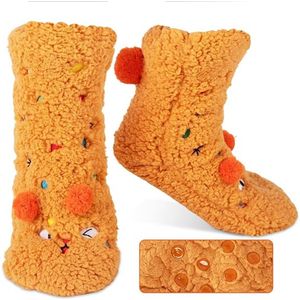 Cartoon Pluche Antislip Leuke Pantoffels en Sokken - Pluche Dieren Kerst Warme Huissokken - Schattig Kerst Monster Patroon Halfhoge Sokken - Antislip, Warme en Comfortabele Slaapsokken - Geschikt voor Mannen en Vrouwen in de Herfst en Winter - Bruin