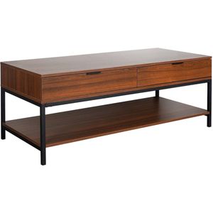 sweeek - Rechthoekige salontafel van walnootkleurig hout met 2 laden en 1 plank, zwart metalen onderstel