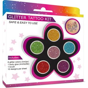 ToyzCreative Glitter Tattoos Set - Glitter Tattoo - 6 Kleuren - 24 Sjablonen - Met Lijm en Kwast - Glitter Tattoos Voor Kinderen
