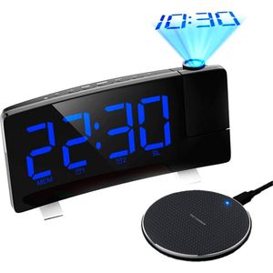 Slinks Wekkerradio met projectie - draadloze oplader – Projectiewekker - USB - Blauw - Projectieklok