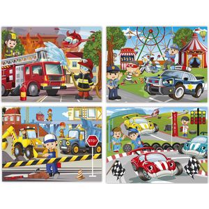 Grafix 4-in-1 Puzzels voor Jongens - Brandweer, Politie, Racen en Bouwen - Puzzelstukjes van 16, 24, 32 en 40 pcs - Inclusief Stevige Opbergdoos - 30x40cm per Puzzel - Educatief Speelgoed voor Kinderen vanaf 5 jaar