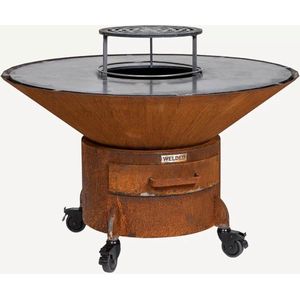 WELDED DRUM 1000 Barbecue Vuurschaal - BBQ Lounge - cortenstaal - houtgestookt-standaard met wielen, aslade, regelbare luchttoevoer onder in vuurschaal waardoor veel minder last van rook, afdekplaat
