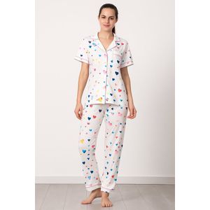 Dames 2- Delige -Pyjama- Luxe Pyjamaset- Nachtkleding- Homewear- Katoen- Cadeauset voor Vrouwen- Zomer- Hartjes Print Maat M