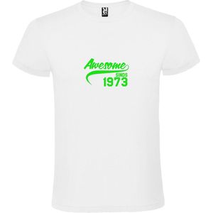 Wit T-Shirt met “Awesome sinds 1973 “ Afbeelding Neon Groen Size L