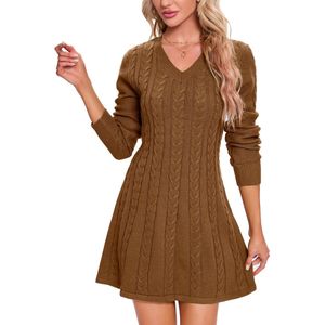 Dames gebreide jurk trui jurk kabelpatroon lange mouw tuniek jurk gebreide trui mini jurk ronde hals trui jurk elegante A-lijn casual jurk Khaki M