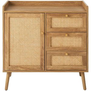 CALICOSY - Commode met 1 deur en 3 lades, rotan fronten en houten poten, L80 cm - PALMO