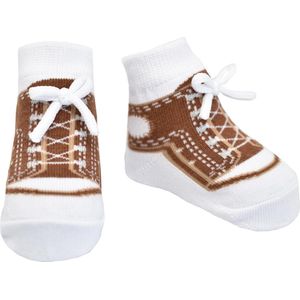 Sneaker sokjes-bruin-voor baby  0-12 maanden.  Witte vetertjes-Anti slip zooltjes-Kraamcadeau-Baby shower