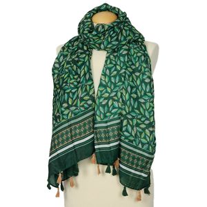 Groene viscose sjaal met blaadjes - zachte sjaal met print - groen - met kwastjes - sjaal voor lente en zomer