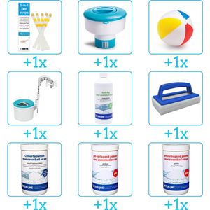 Alles-in-1 Zwembad Onderhoudspakket - bevat Chloor - PH-min - PH-plus - Skimmer - Anti Alg - Scrubborstel - Testrips - Chloordrijver en Strandbal (9-delig)