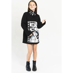 HOJ GEILLUSTREERDE TRUI/JURK MET HOGE HALS VAN CANVAS - zwart kinderkleding streetstyle herfst winter meiden meisje maat 116/122