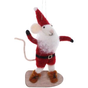 Muis als kerstman met snowboard 11x7x14cm