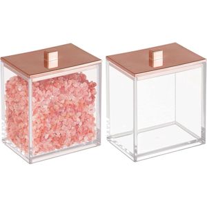 Set van 2 wattenschijfjesdispensers en wattenstaafjescontainer - moderne voorraadpot met praktisch deksel - kunststof badkameraccessoire voor cosmetica en verzorgingsproducten - transparant/roségoud