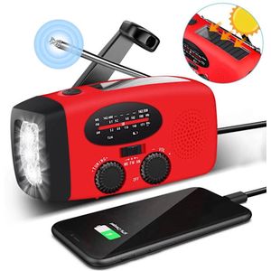 Draagbare noodradio met zonnecel, zaklamp en 2000mAh powerbank, SOS-alarm, rood