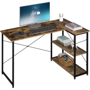 Bureautafel Omkeerbaar hoekbureau 120 cm L-vormige bureautafel met boekenkast en planken werktafel speeltafel vintage bruin van hout en metaal
