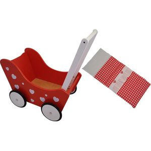 Playwood - Houten Poppenwagen rood met witte hartjes - inclusief dekje rode ruitjes
