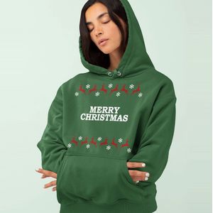 Kerst Hoodie Rendieren - Met tekst: Merry Christmas - Kleur Groen - ( MAAT L - UNISEKS FIT ) - Kerstkleding voor Dames & Heren