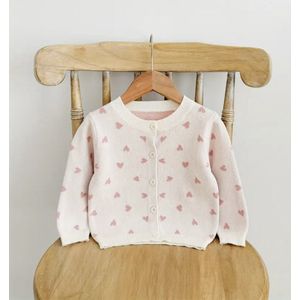 Luxe Hearts Jasje / Vest - Maat: 74/80 - Kleur: Wit met Roze hartjes - Crème / Offwhite / Gebroken Wit / Baby Roze - Baby & Kids - Hoge Kwaliteit - Vest / Gebreid Vestje / Jasje - Met Knoopjes - Schattig - Newborn - Kraamcadeau / Babyshower