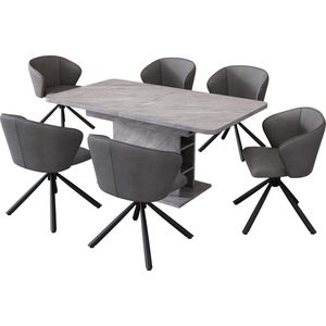 Merax Eetkamerset met Uitschuifbare Eettafel en 6 Stoelen – Luxe PU Stoelen met Vier Metalen Poten - Eettafel met Opbergruimte - Grijs