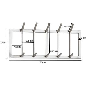 Rootz Wandkapstok - Metaal Zilver - Design Halkapstok Staal - Haakrail Wandpaneel - Garderobewand - 65x30x10 cm